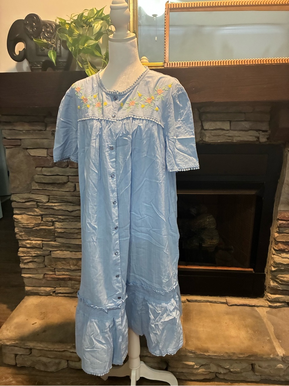 National Light Blue Button-Front Embroidered Nightgown